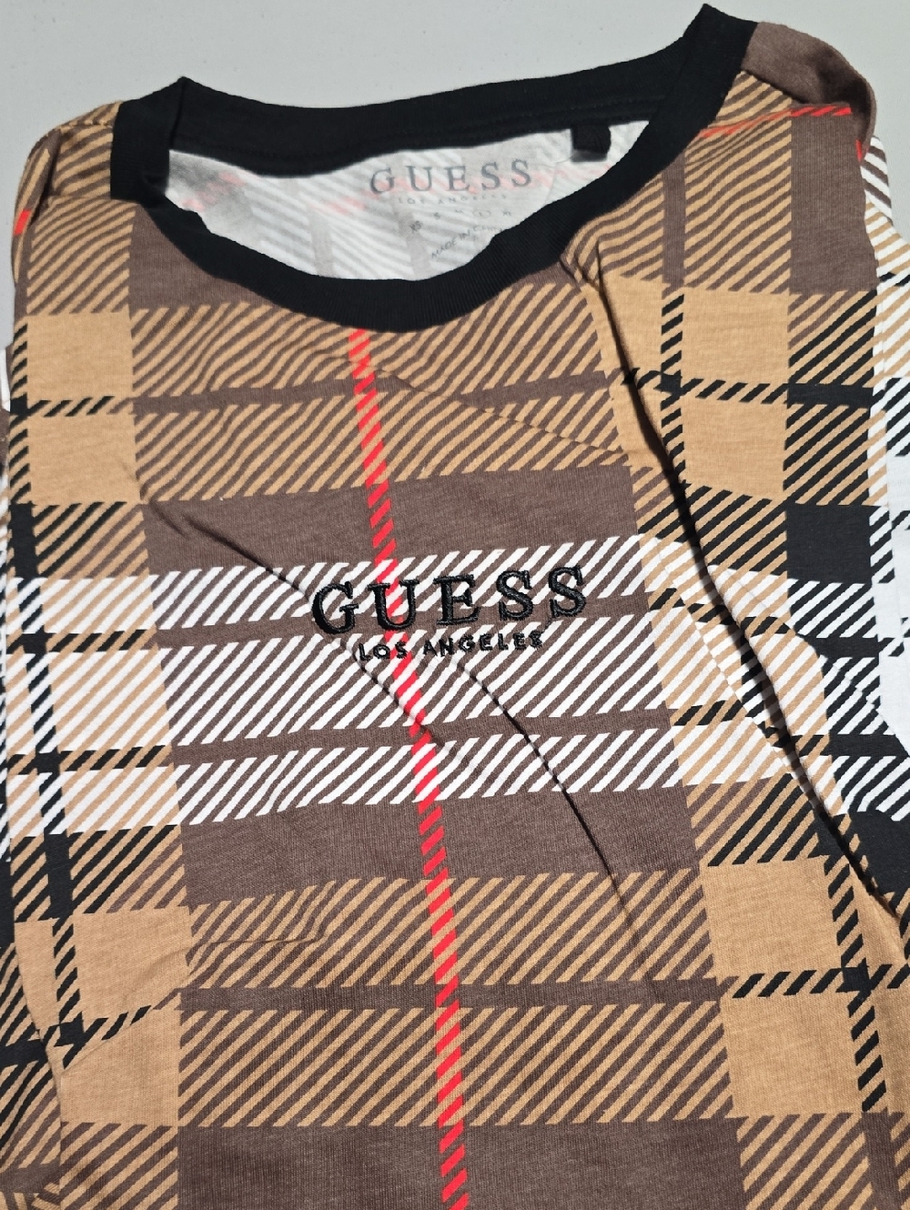 GUESS Plaid Logo Tee in Tan, Brown & Black with Red Accent